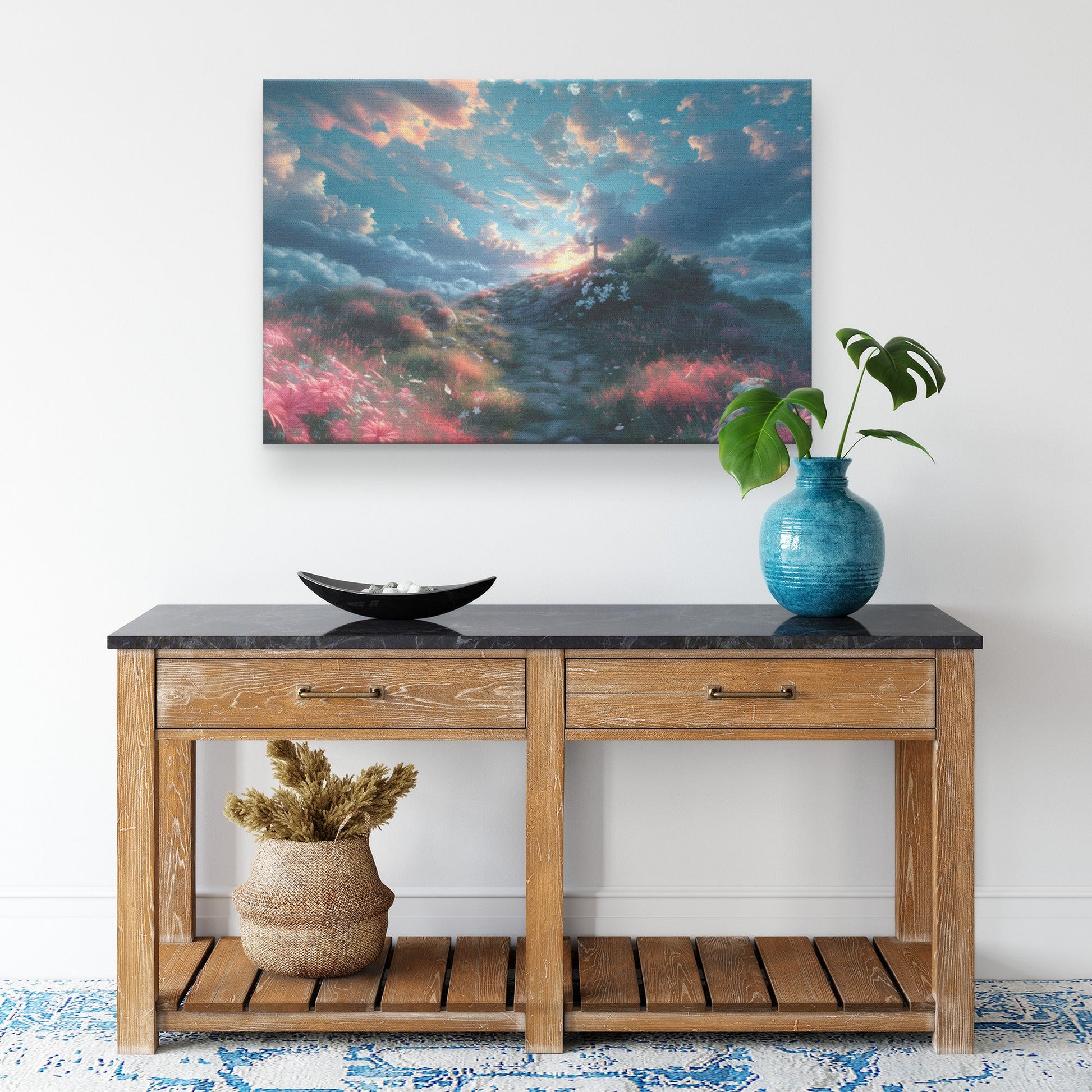Heavenly Path to the Cross Scenic Journey with Vibrant Sky and Floral Landscape Christian Canvas Wall Art Decor - Awakening Righteousness