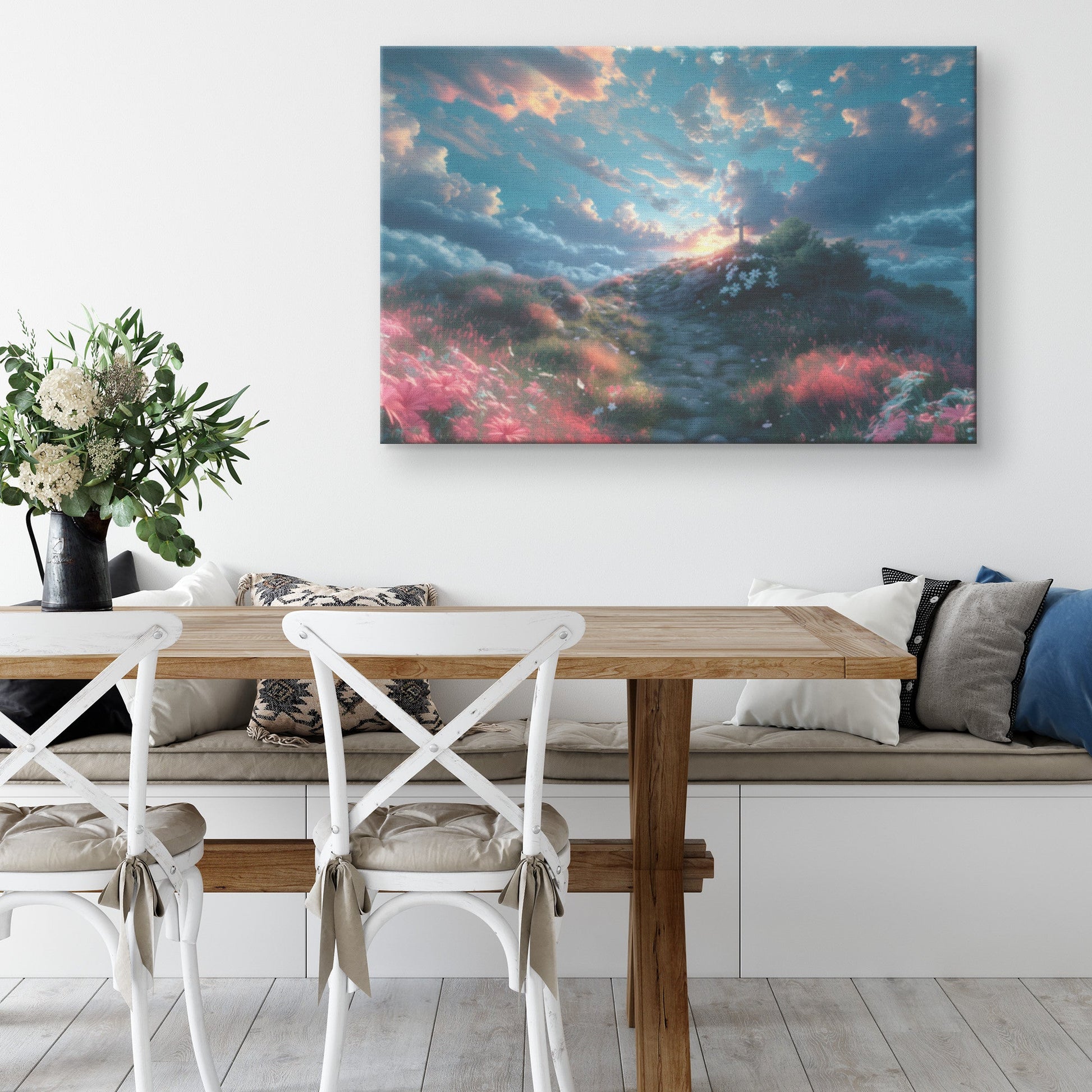 Heavenly Path to the Cross Scenic Journey with Vibrant Sky and Floral Landscape Christian Canvas Wall Art Decor - Awakening Righteousness