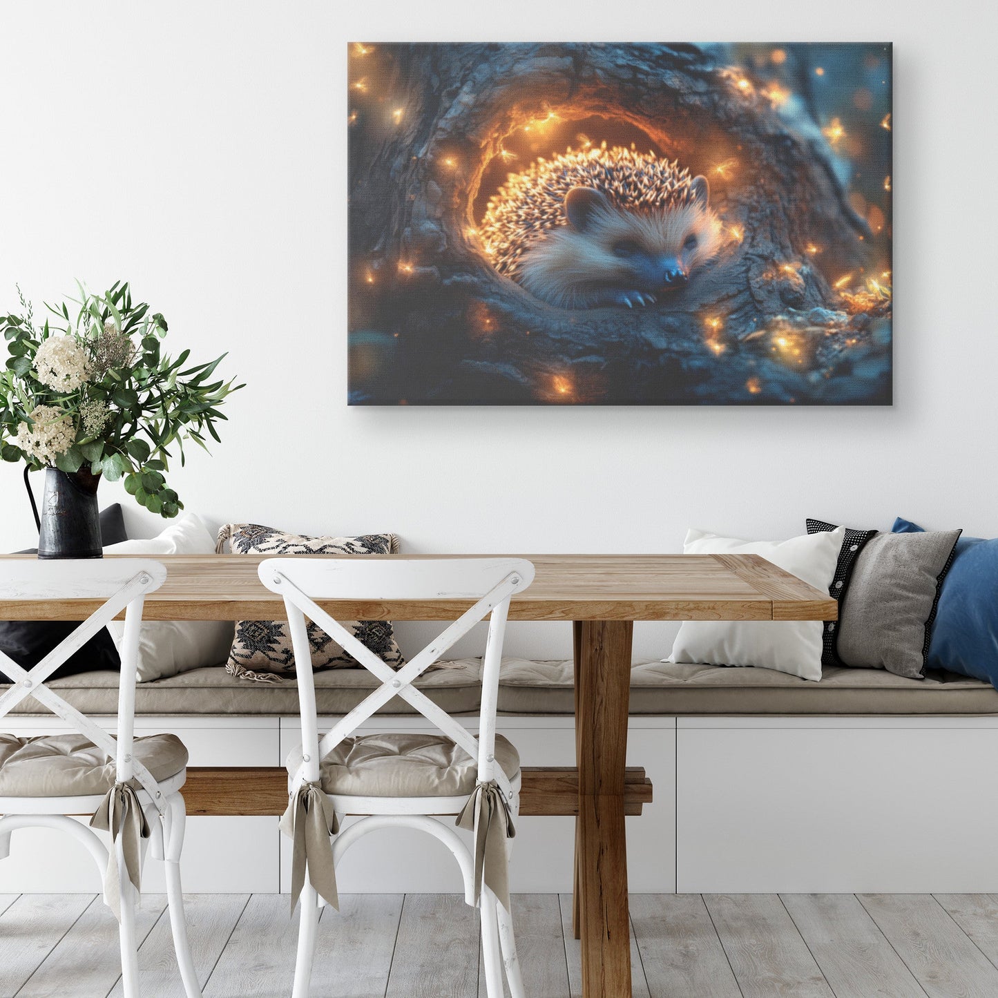 Hedgehog Curled Up in Glowing Tree Hollow with Fireflies Under Twilight Sky Canvas Wall Art - Awakening Righteousness