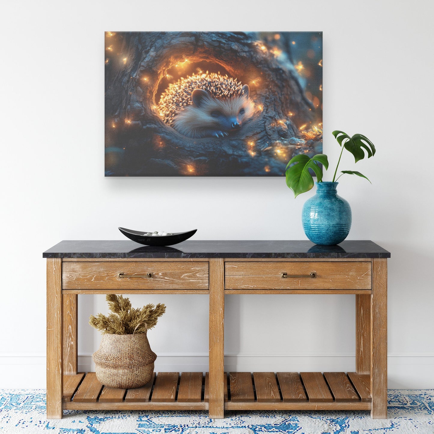 Hedgehog Curled Up in Glowing Tree Hollow with Fireflies Under Twilight Sky Canvas Wall Art - Awakening Righteousness