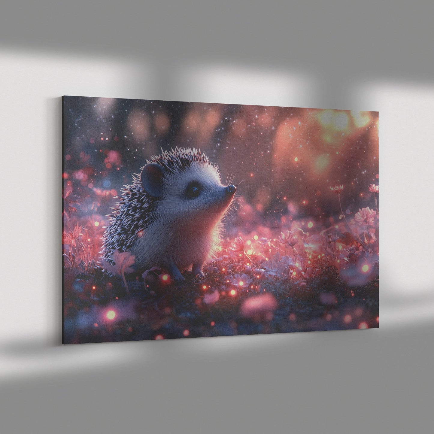 Hedgehog Exploring Bioluminescent Garden Under Starry Night Sky with Softly Glowing Quills Canvas Wall Art - Awakening Righteousness