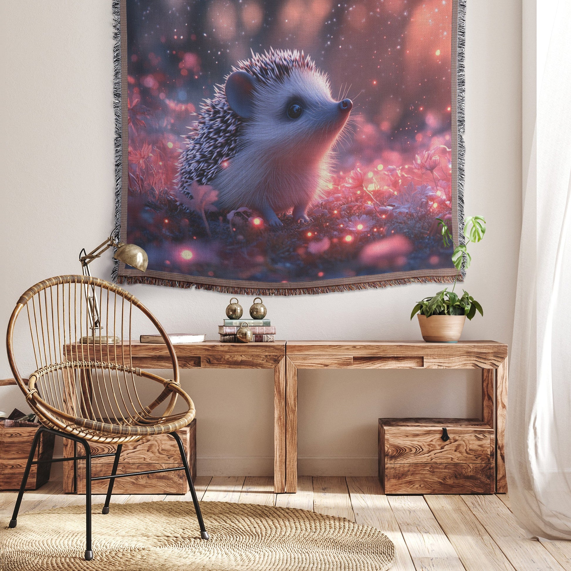 Hedgehog Exploring Bioluminescent Garden Under Starry Night with Glowing Quills Woven Throw Blanket - Awakening Righteousness