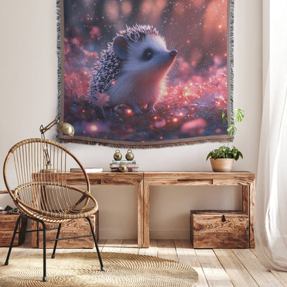 Hedgehog Exploring Bioluminescent Garden Under Starry Night with Glowing Quills Woven Throw Blanket - Awakening Righteousness