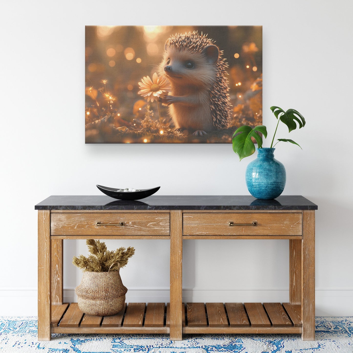Hedgehog Holding Glowing Flower in Magical Forest Surrounded by Shimmering Plants and Fireflies Canvas Wall Art Decor - Awakening Righteousness
