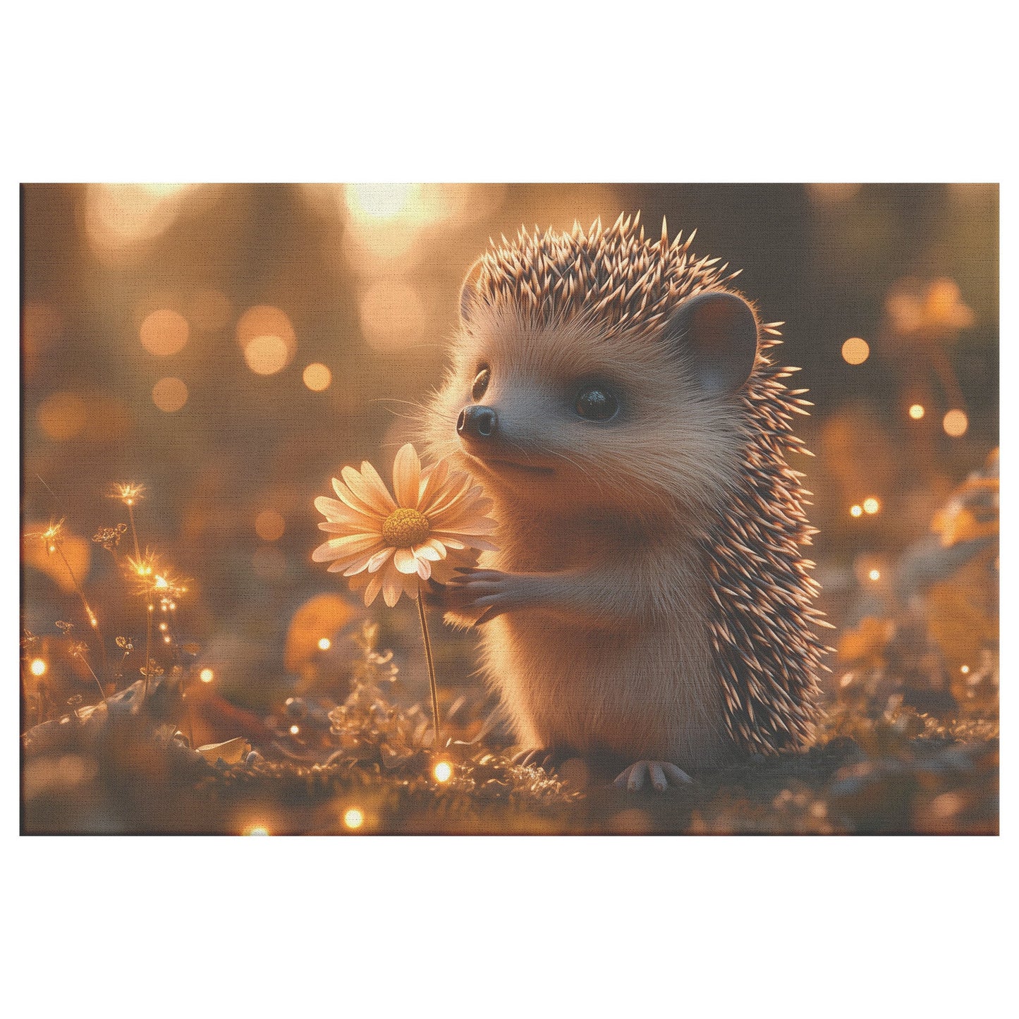 Hedgehog Holding Glowing Flower in Magical Forest Surrounded by Shimmering Plants and Fireflies Canvas Wall Art Decor - Awakening Righteousness