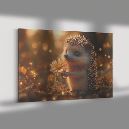 Hedgehog Holding Glowing Flower in Magical Forest Surrounded by Shimmering Plants and Fireflies Canvas Wall Art Decor - Awakening Righteousness