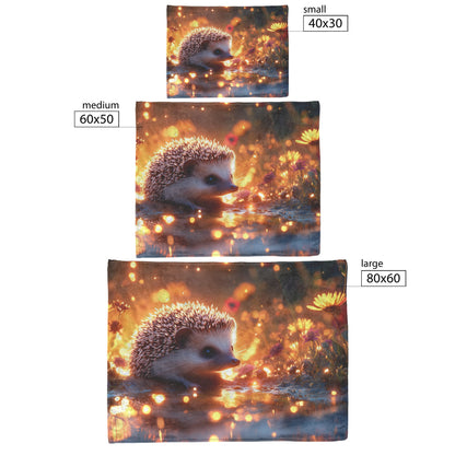 Hedgehog Resting by Crystal Clear Pond with Glowing Wildflowers and Golden Mist Fleece Sherpa Blanket - Awakening Righteousness