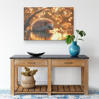Hedgehog Resting by Crystal Clear Pond with Glowing Wildflowers and Golden Mist in Peaceful Natural Setting Canvas Wall Art - Awakening Righteousness