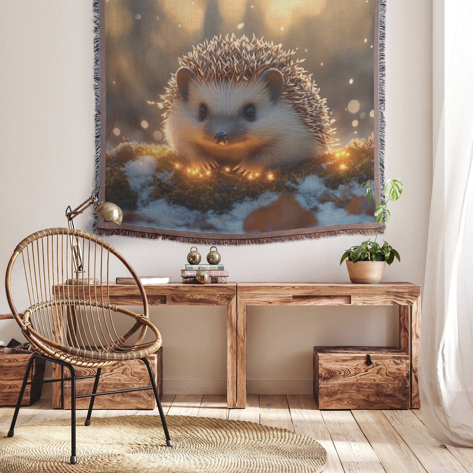 Hedgehog Resting on Snowy Glowing Moss with Twinkling Snowflakes Under Silver Moonlight Woven Throw Blanket - Awakening Righteousness