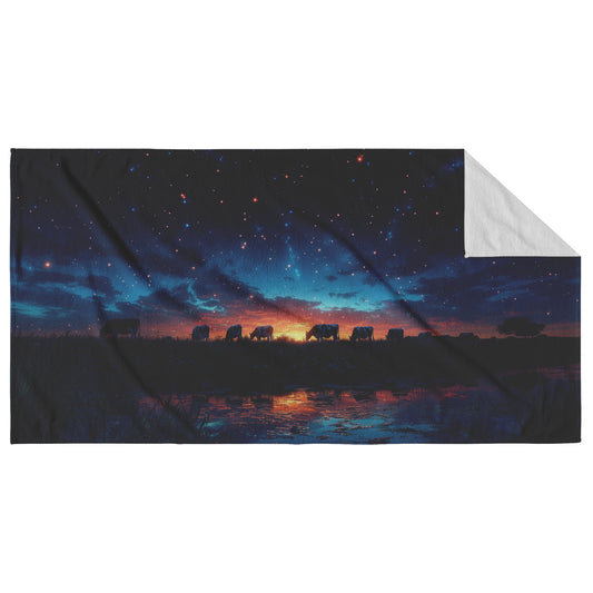 Herd of Cows Grazing Peacefully Under Twilight Sky with Glowing Stars and Soft Light Silhouettes Beach Towel - Awakening Righteousness