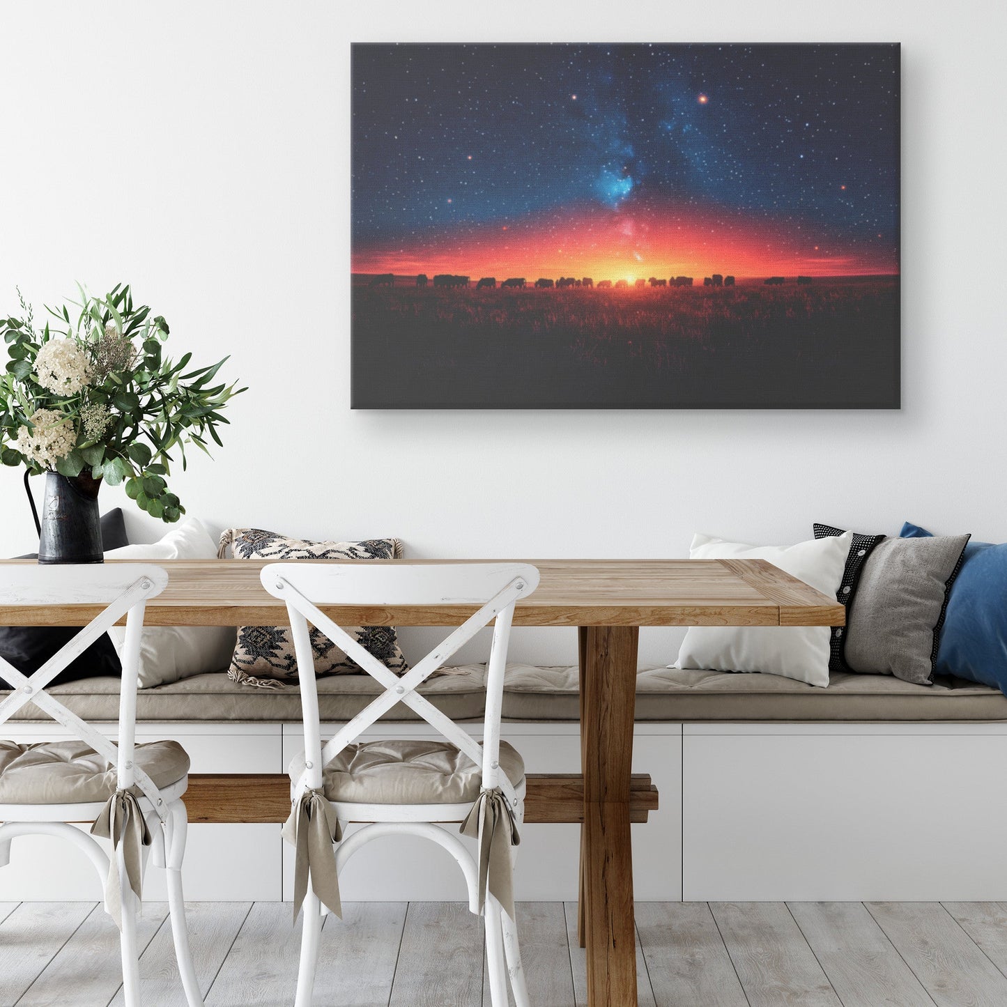 Herd of Cows Grazing Peacefully Under Twilight Sky with Glowing Stars and Soft Light Silhouettes Canvas Wall Art Decor - Awakening Righteousness