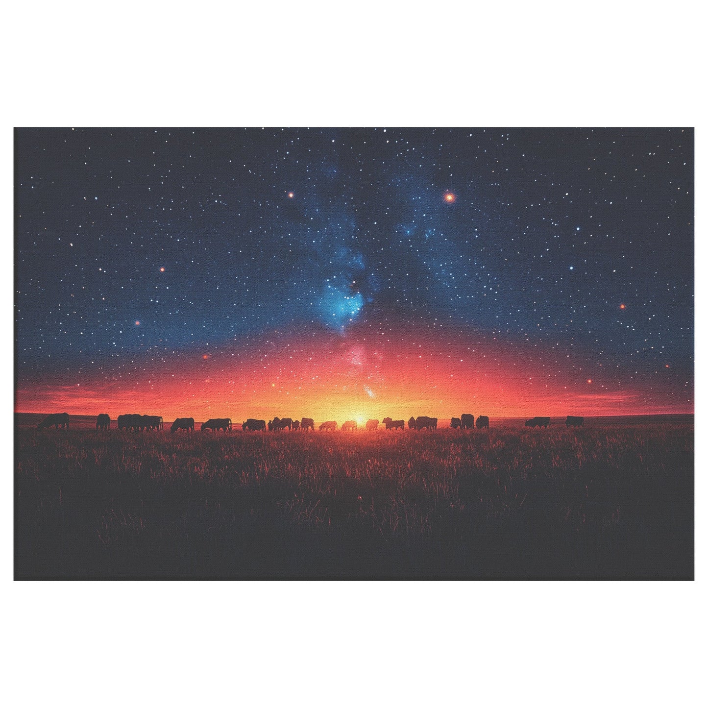 Herd of Cows Grazing Peacefully Under Twilight Sky with Glowing Stars and Soft Light Silhouettes Canvas Wall Art Decor - Awakening Righteousness