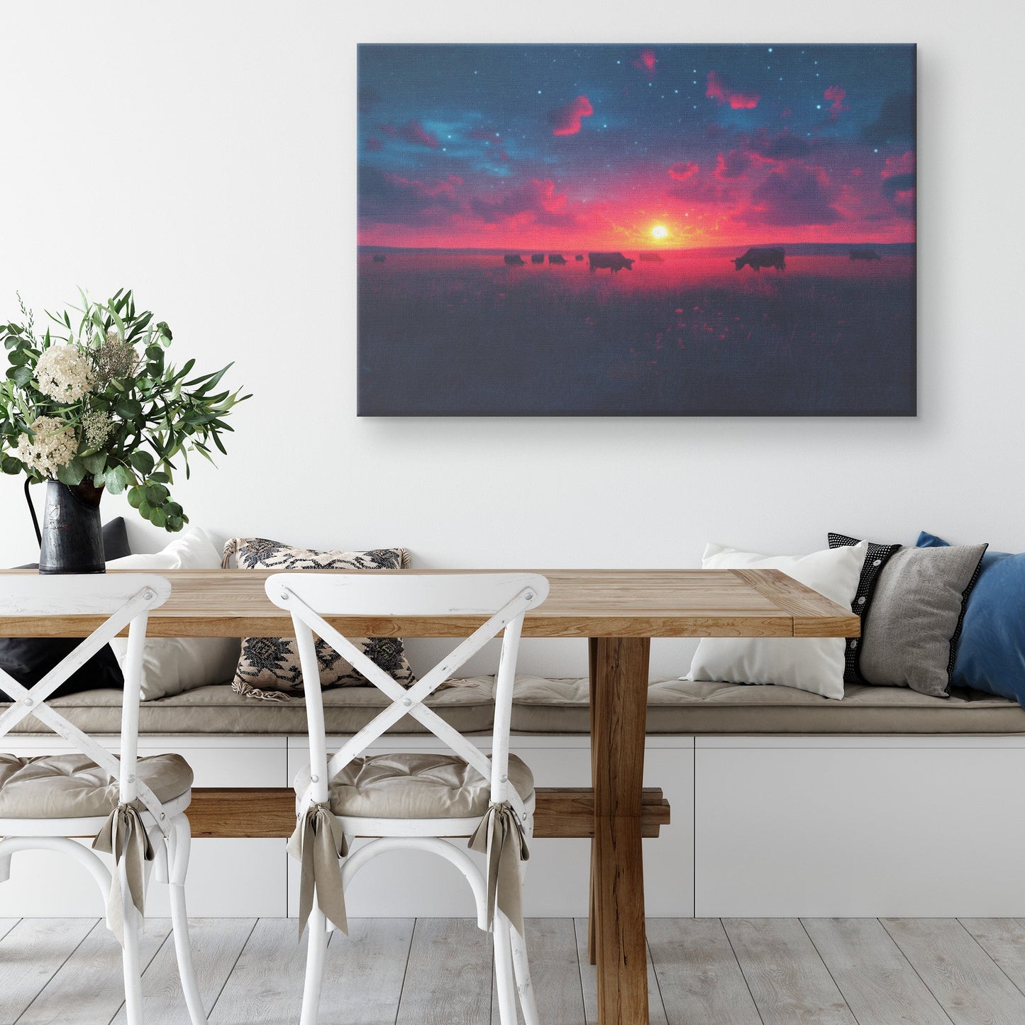 Herd of Cows Grazing Peacefully Under Twilight Sky with Glowing Stars and Soft Light Silhouettes Canvas Wall Art Decor - Awakening Righteousness