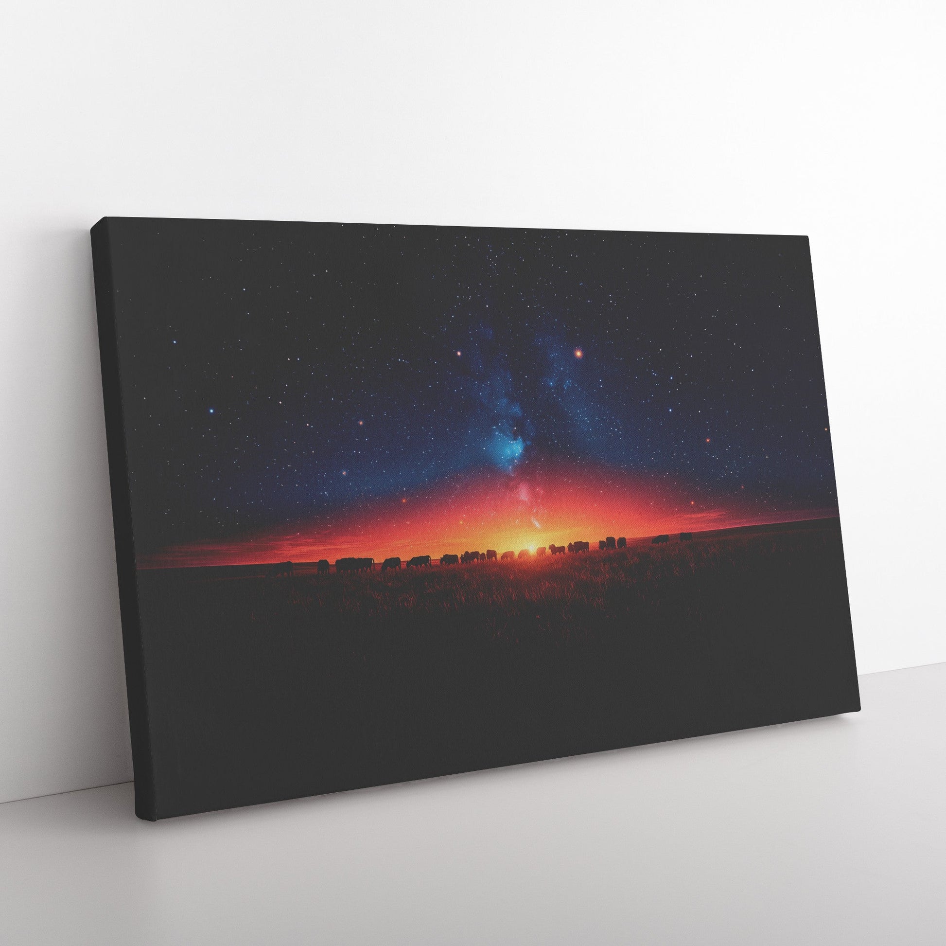 Herd of Cows Grazing Peacefully Under Twilight Sky with Glowing Stars and Soft Light Silhouettes Canvas Wall Art - Awakening Righteousness