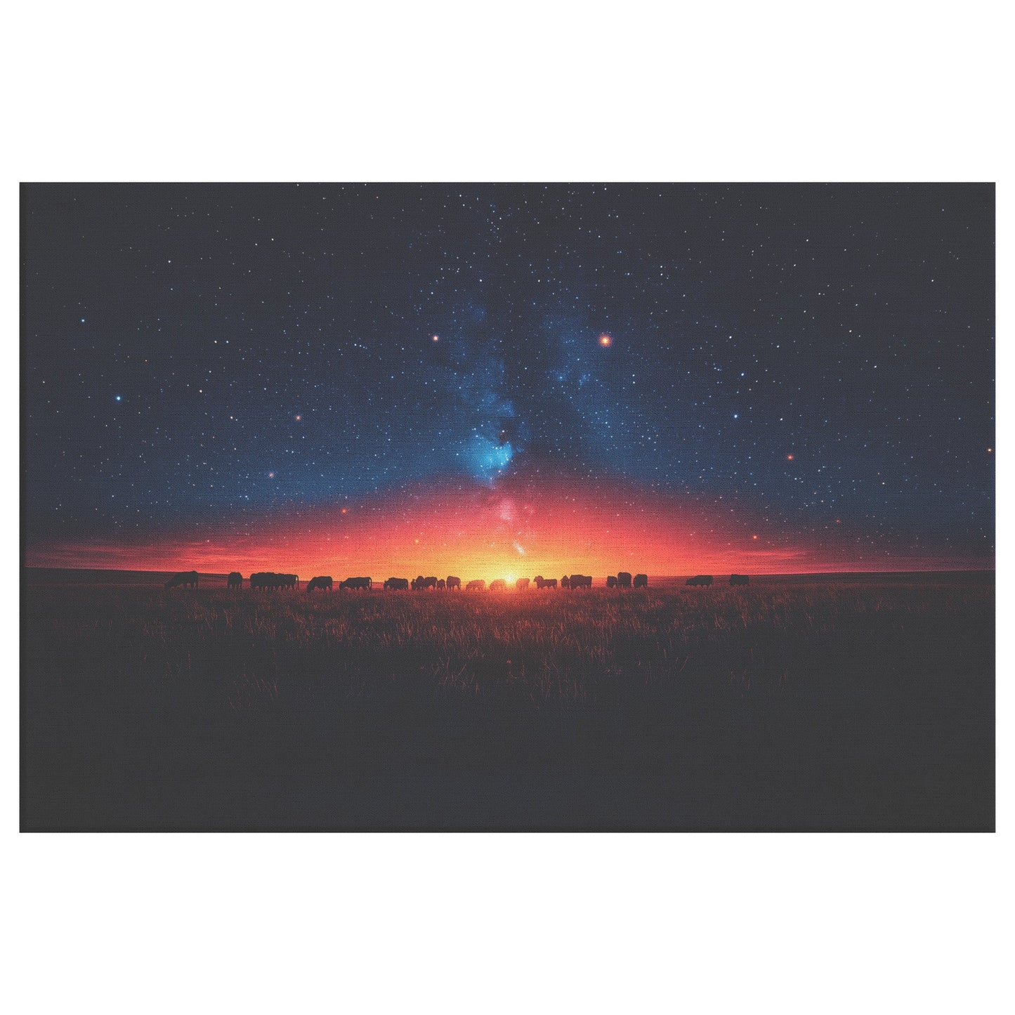 Herd of Cows Grazing Peacefully Under Twilight Sky with Glowing Stars and Soft Light Silhouettes Canvas Wall Art - Awakening Righteousness