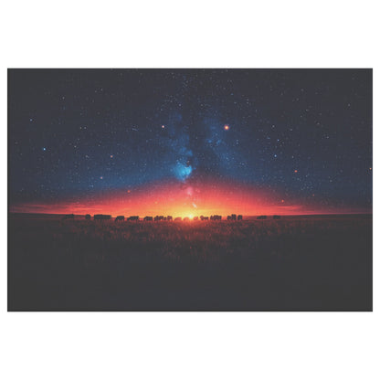 Herd of Cows Grazing Peacefully Under Twilight Sky with Glowing Stars and Soft Light Silhouettes Canvas Wall Art - Awakening Righteousness