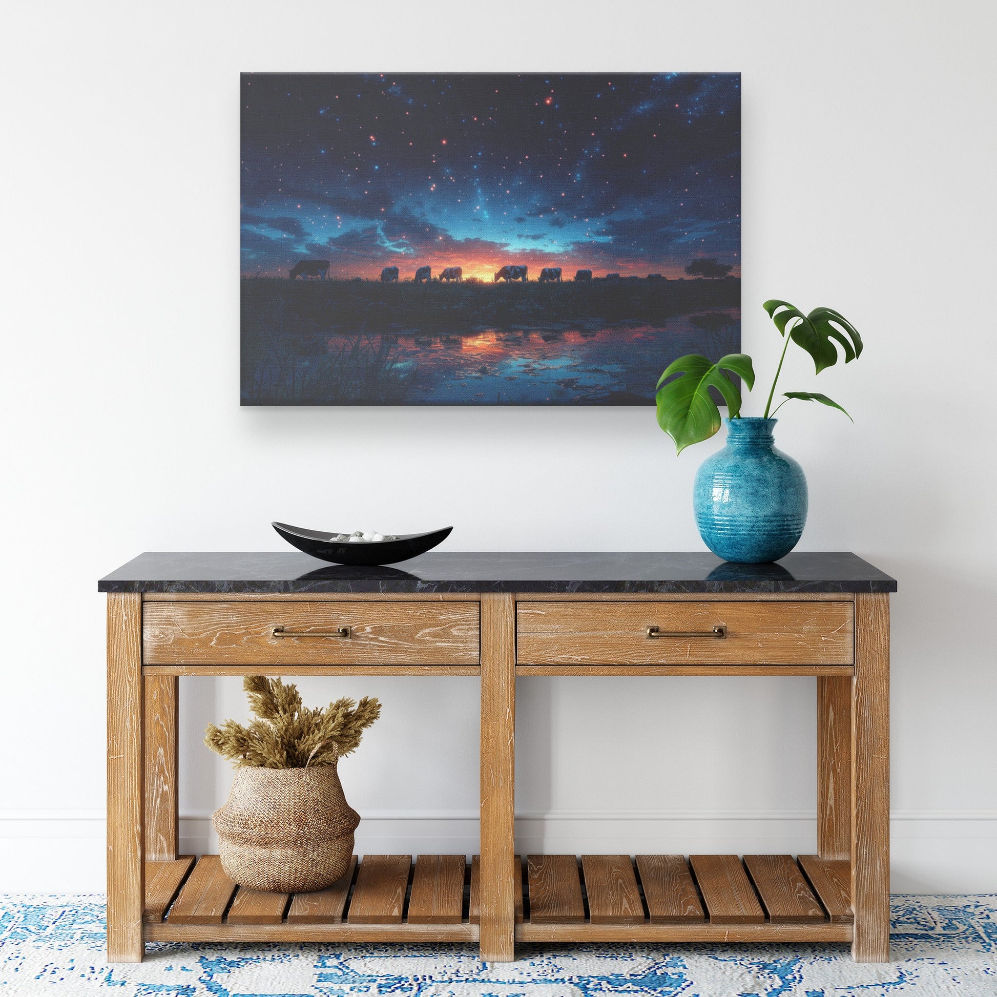 Herd of Cows Grazing Peacefully Under Twilight Sky with Glowing Stars and Soft Light Silhouettes Canvas Wall Art - Awakening Righteousness
