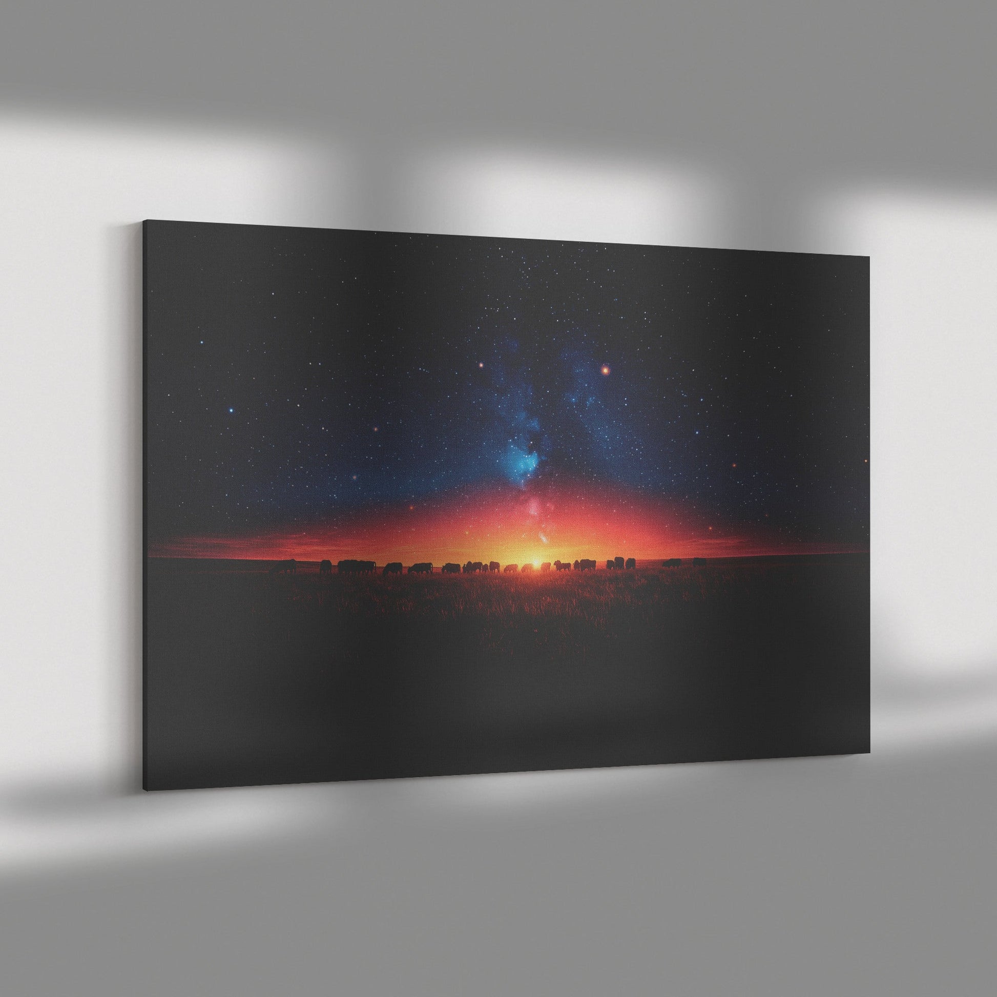 Herd of Cows Grazing Peacefully Under Twilight Sky with Glowing Stars and Soft Light Silhouettes Canvas Wall Art - Awakening Righteousness