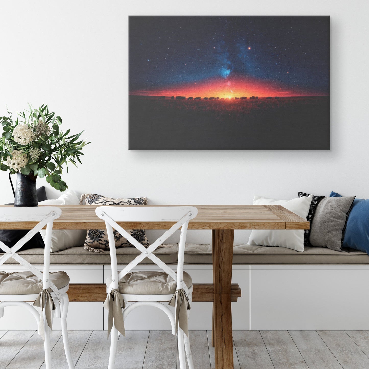 Herd of Cows Grazing Peacefully Under Twilight Sky with Glowing Stars and Soft Light Silhouettes Canvas Wall Art - Awakening Righteousness