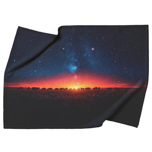 Herd of Cows Grazing Sherpa Fleece Blanket Twilight Sky Glowing Stars Soft Light Peaceful Pastoral Scene - Awakening Righteousness