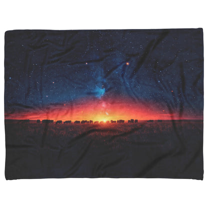 Herd of Cows Grazing Sherpa Fleece Blanket Twilight Sky Glowing Stars Soft Light Peaceful Pastoral Scene - Awakening Righteousness