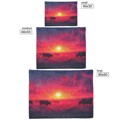 Herd of Cows Grazing Under Twilight Sky Sherpa Fleece Blanket Glowing Stars Soft Light Peaceful Pastoral Scene - Awakening Righteousness