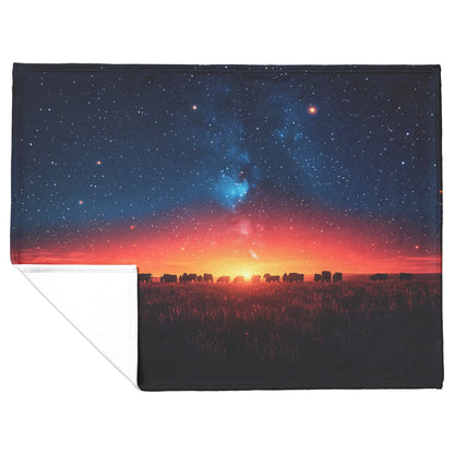 Herd of Cows Grazing Under Twilight Sky Sherpa Fleece Blanket Glowing Stars Soft Light Peaceful Pastoral Scene - Awakening Righteousness