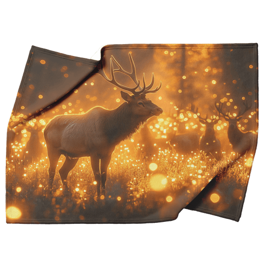 Herd of Elk Walking Gracefully Through Misty Meadow Surrounded by Fireflies and Golden Light Fleece Sherpa Blanket - Awakening Righteousness