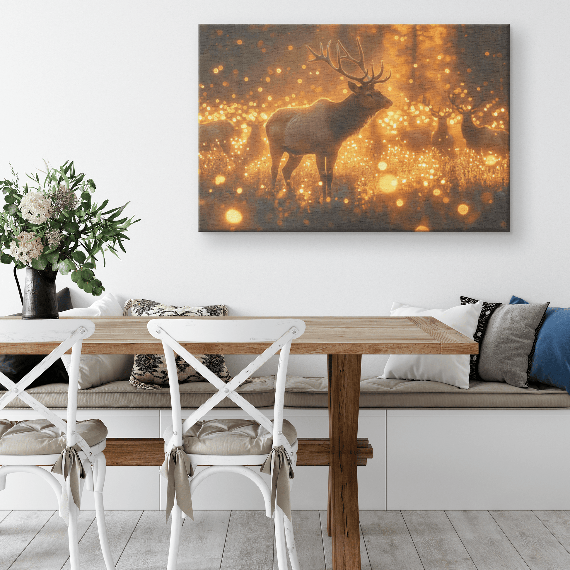 Herd Of Elk Walking Through Misty Meadow With Glowing Fireflies And Golden Light Canvas Wall Art Decor - Awakening Righteousness