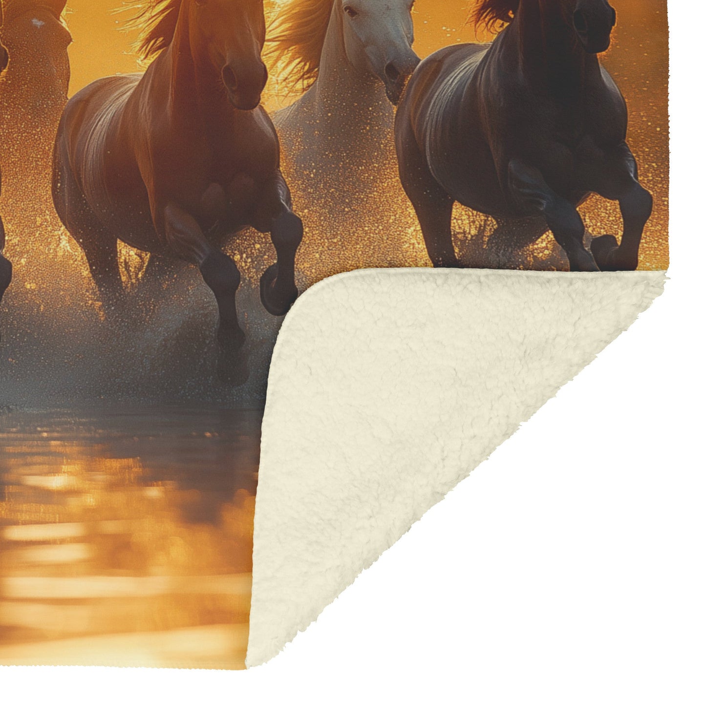 Herd of Wild Horses Running Through Shallow Water at Sunrise with Shimmering Reflections Fleece Sherpa Blanket - Awakening Righteousness