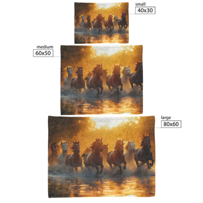 Herd of Wild Horses Running Through Shallow Water at Sunrise with Shimmering Reflections Fleece Sherpa Blanket - Awakening Righteousness