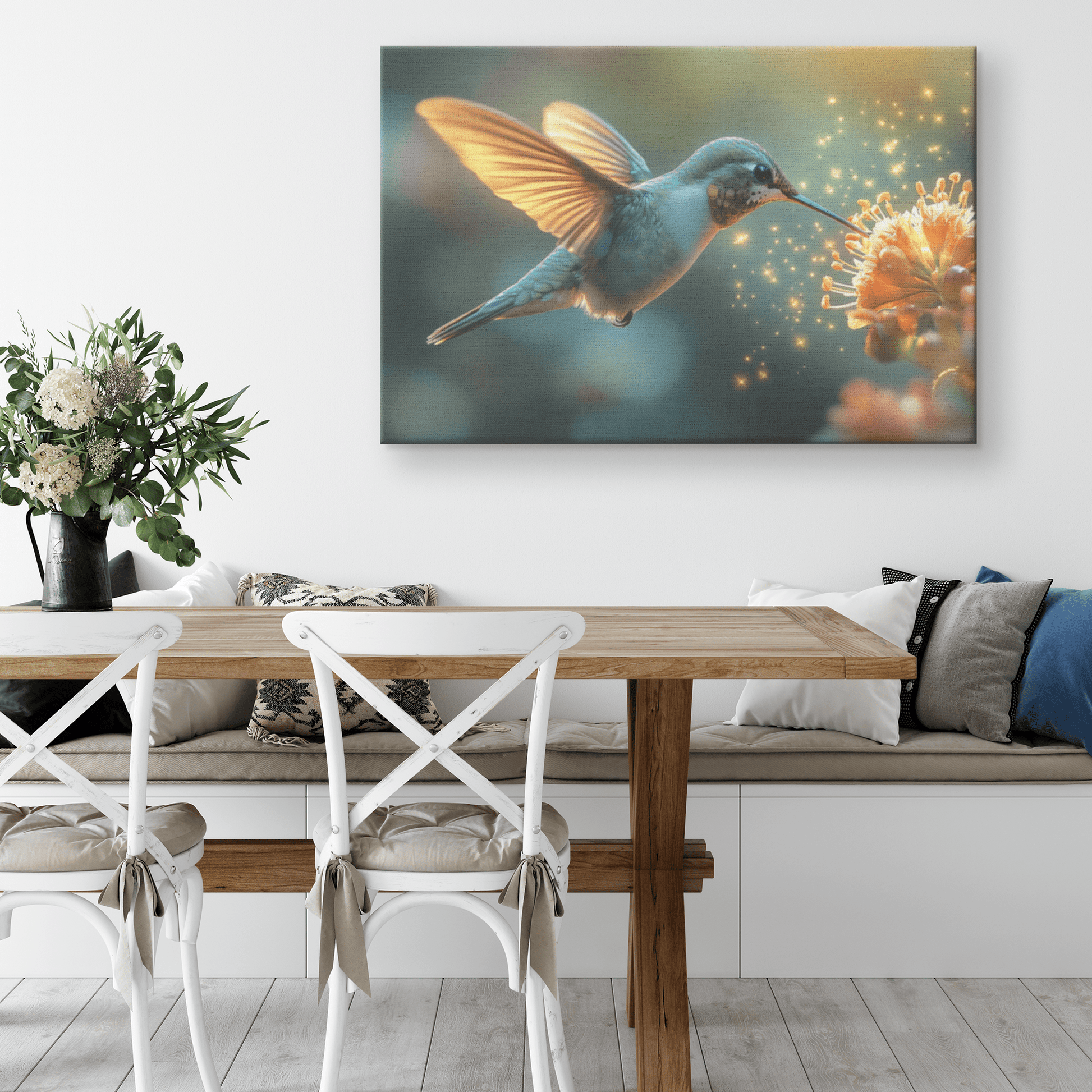 Hummingbird Hovering Near Glowing Flower In Magical Garden With Shimmering Wings Under Twilight Sky Canvas Wall Art Decor - Awakening Righteousness
