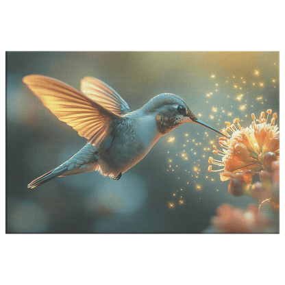 Hummingbird Hovering Near Glowing Flower In Magical Garden With Shimmering Wings Under Twilight Sky Canvas Wall Art Decor - Awakening Righteousness