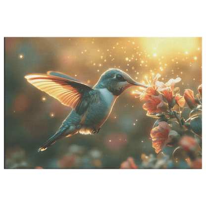 Hummingbird Hovering Near Glowing Flower In Magical Garden With Shimmering Wings Under Twilight Sky Canvas Wall Art Decor - Awakening Righteousness
