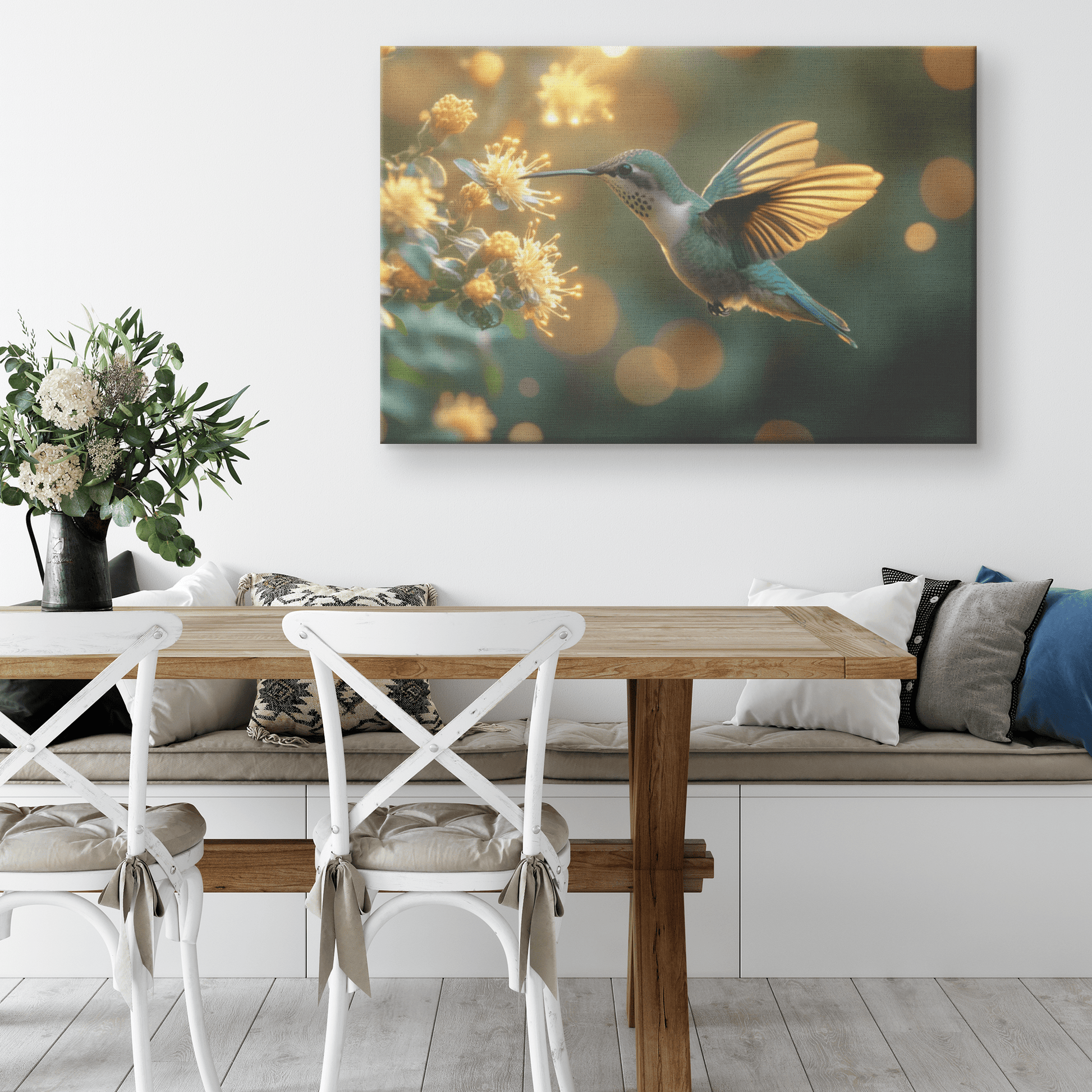 Hummingbird Hovering Near Glowing Flower In Magical Garden With Shimmering Wings Under Twilight Sky Canvas Wall Art Decor - Awakening Righteousness