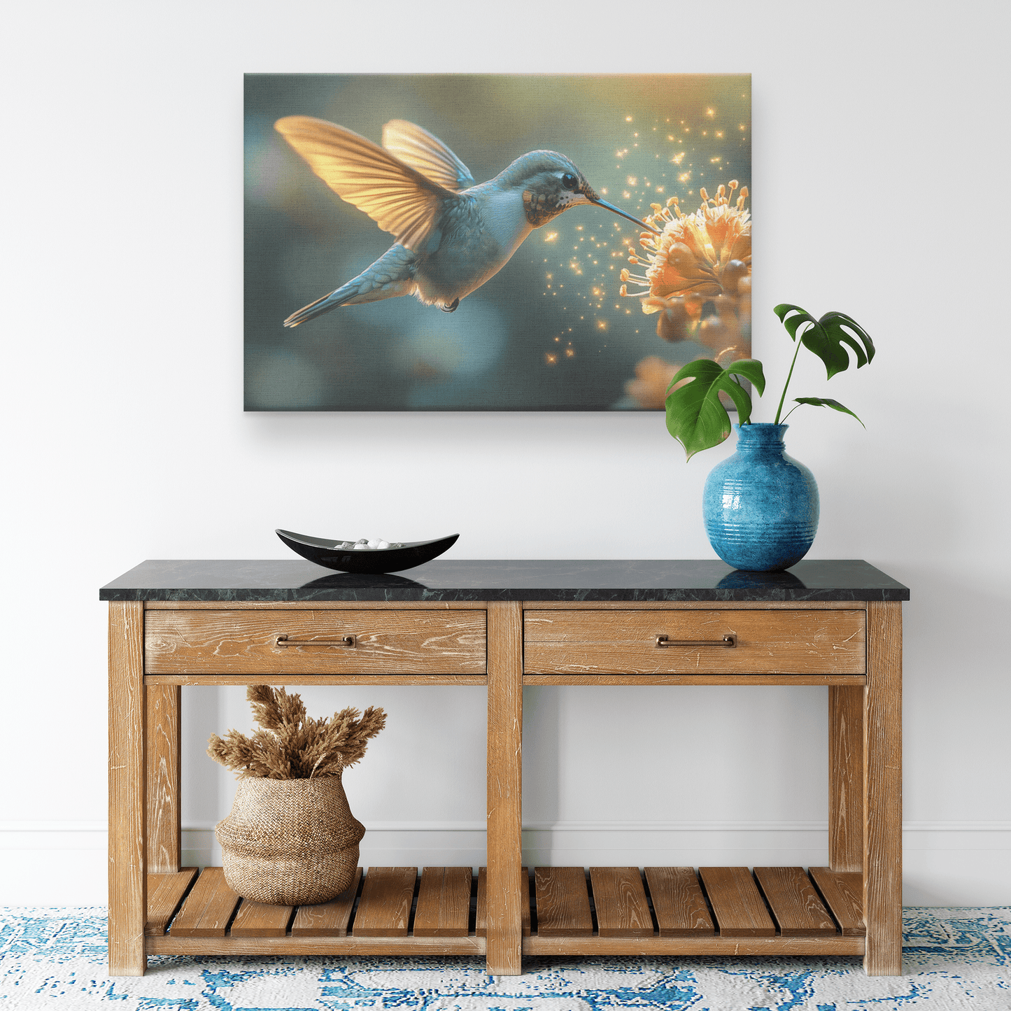 Hummingbird Hovering Near Glowing Flower In Magical Garden With Shimmering Wings Under Twilight Sky Canvas Wall Art Decor - Awakening Righteousness
