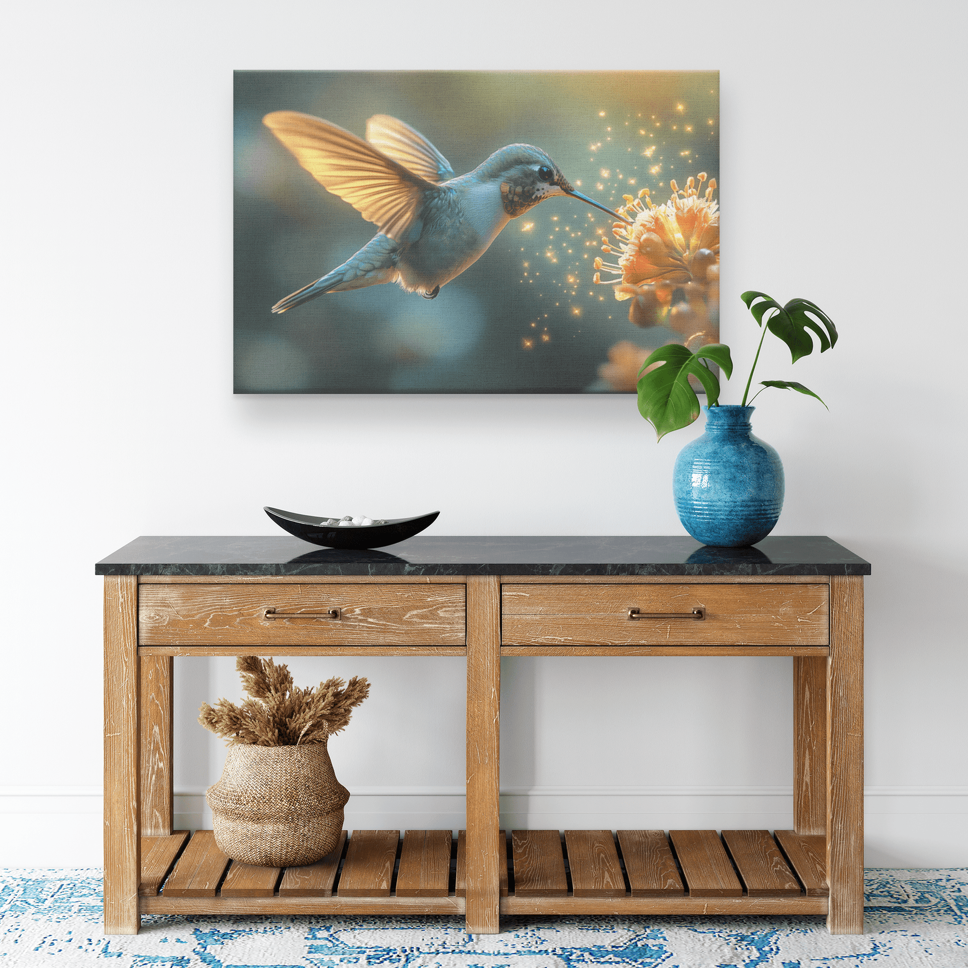 Hummingbird Hovering Near Glowing Flower In Magical Garden With Shimmering Wings Under Twilight Sky Canvas Wall Art Decor - Awakening Righteousness