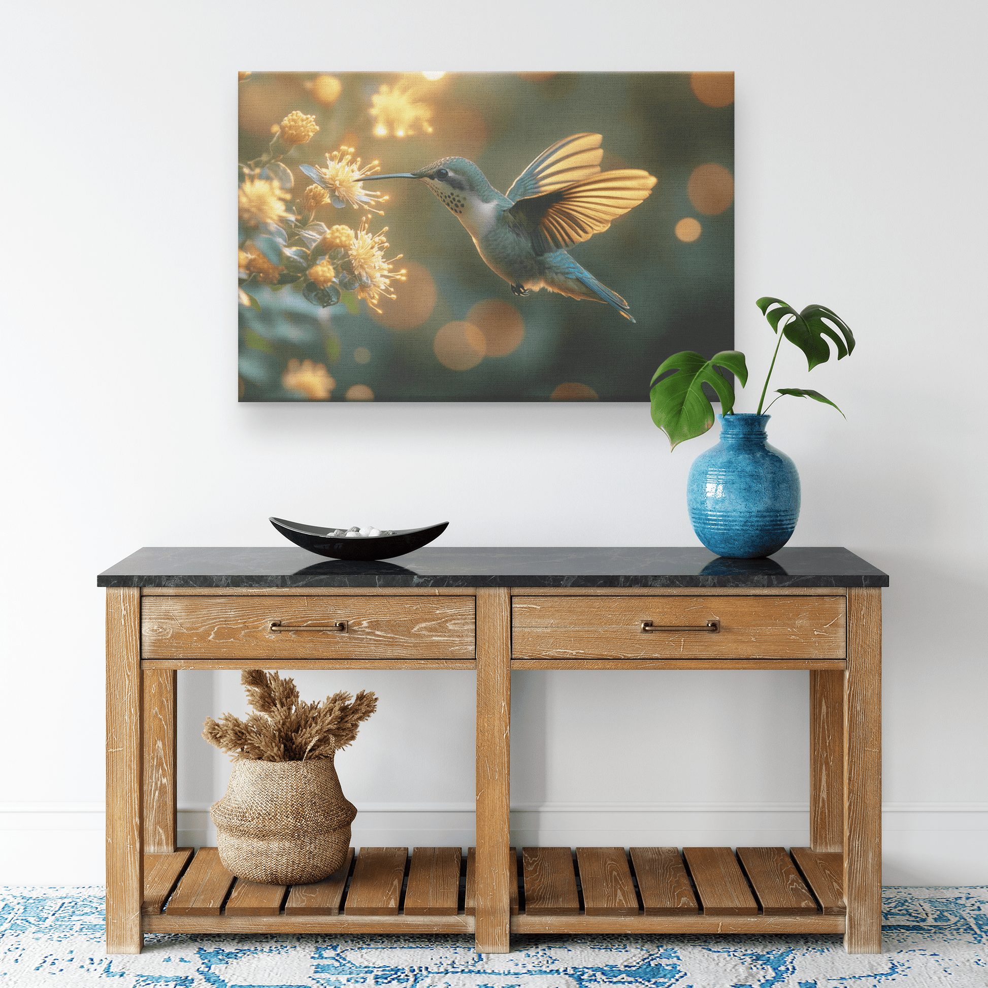 Hummingbird Hovering Near Glowing Flower In Magical Garden With Shimmering Wings Under Twilight Sky Canvas Wall Art Decor - Awakening Righteousness