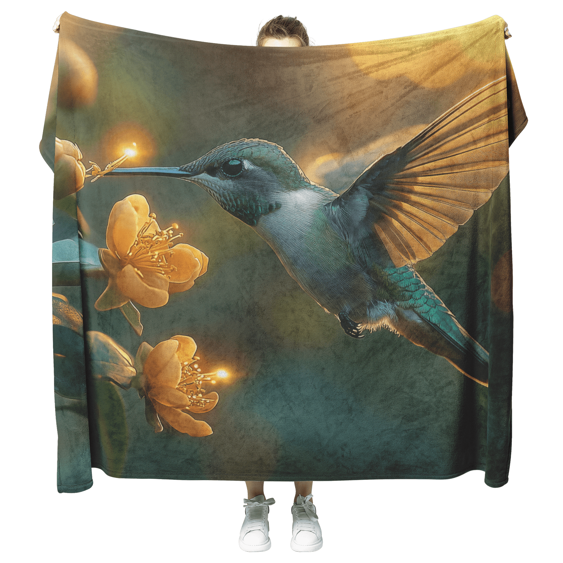 Hummingbird Hovering Near Glowing Flower in Magical Garden With Shimmering Wings Under Twilight Sky Fleece Sherpa Blanket - Awakening Righteousness