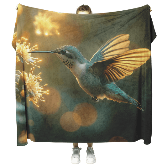 Hummingbird Hovering Near Glowing Flower in Magical Garden With Shimmering Wings Under Twilight Sky Fleece Sherpa Blanket - Awakening Righteousness