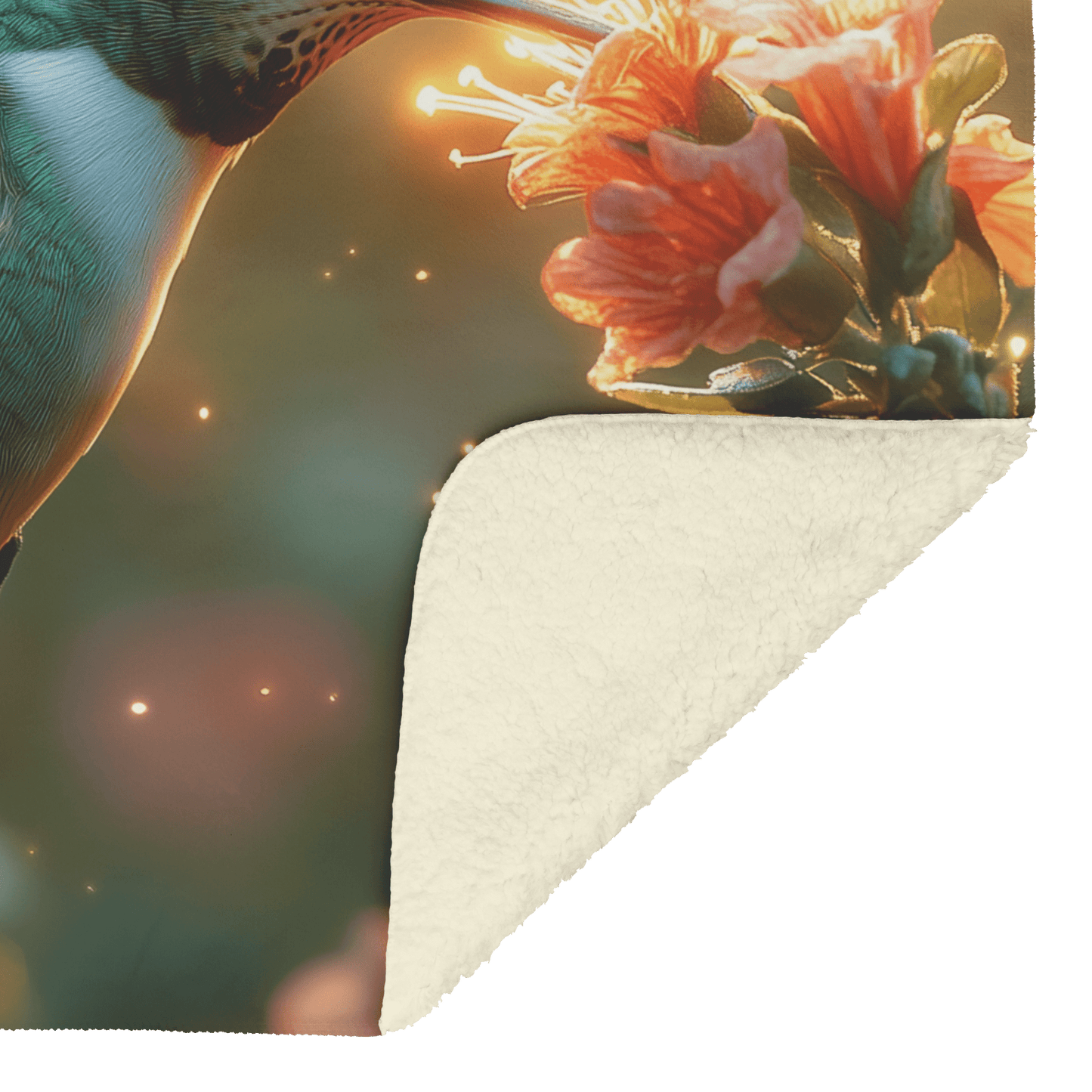 Hummingbird Hovering Near Glowing Flower in Magical Garden With Shimmering Wings Under Twilight Sky Fleece Sherpa Blanket - Awakening Righteousness