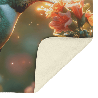 Hummingbird Hovering Near Glowing Flower in Magical Garden With Shimmering Wings Under Twilight Sky Fleece Sherpa Blanket - Awakening Righteousness