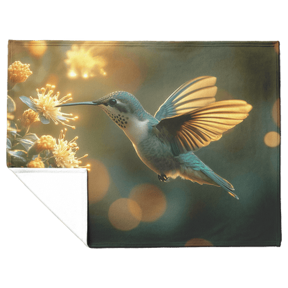 Hummingbird Hovering Near Glowing Flower in Magical Garden With Shimmering Wings Under Twilight Sky Fleece Sherpa Blanket - Awakening Righteousness