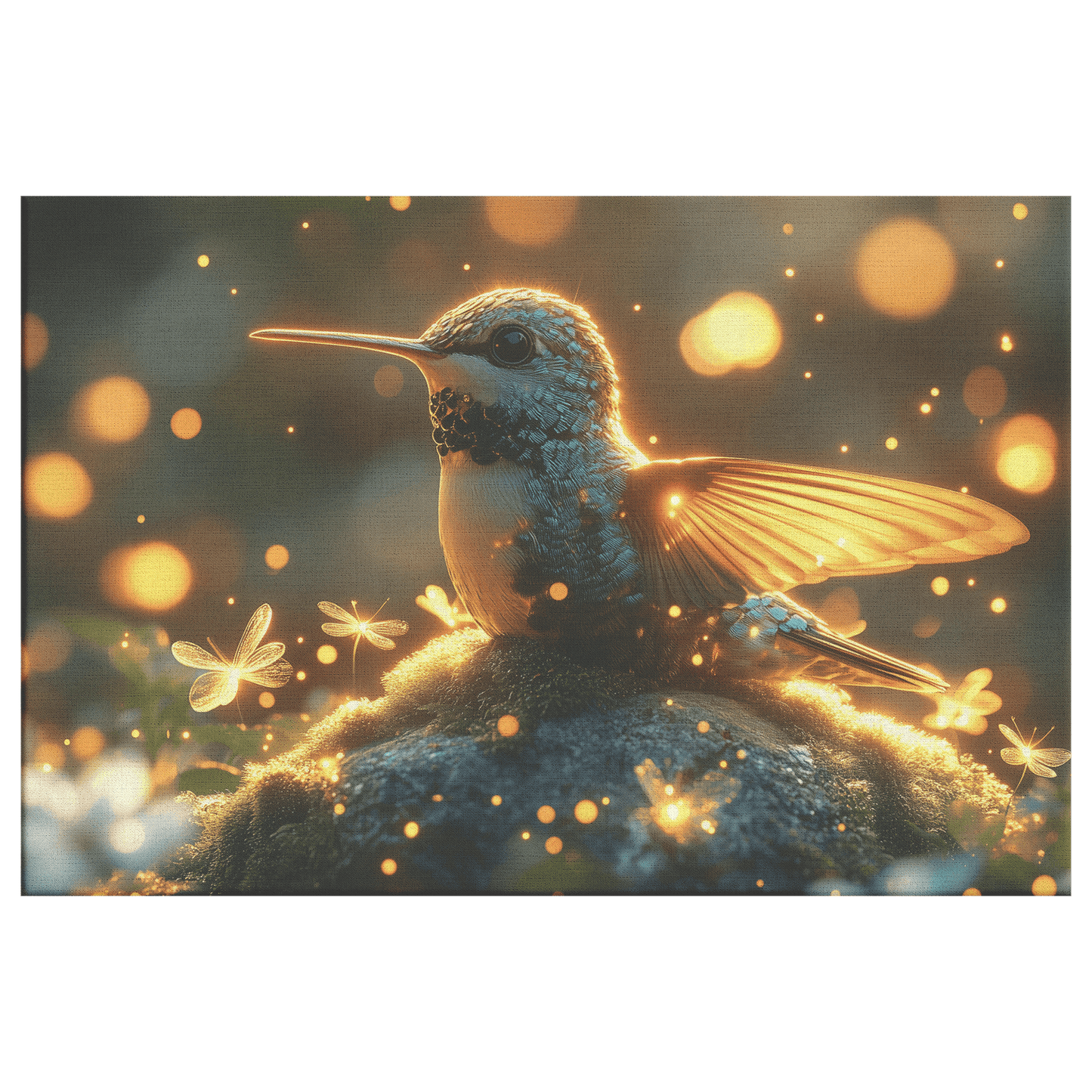 Hummingbird Resting On Mossy Glowing Rock Surrounded By Fireflies And Soft Mist In Glowing Meadow Canvas Wall Art Decor - Awakening Righteousness