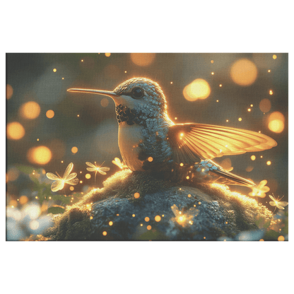 Hummingbird Resting On Mossy Glowing Rock Surrounded By Fireflies And Soft Mist In Glowing Meadow Canvas Wall Art Decor - Awakening Righteousness
