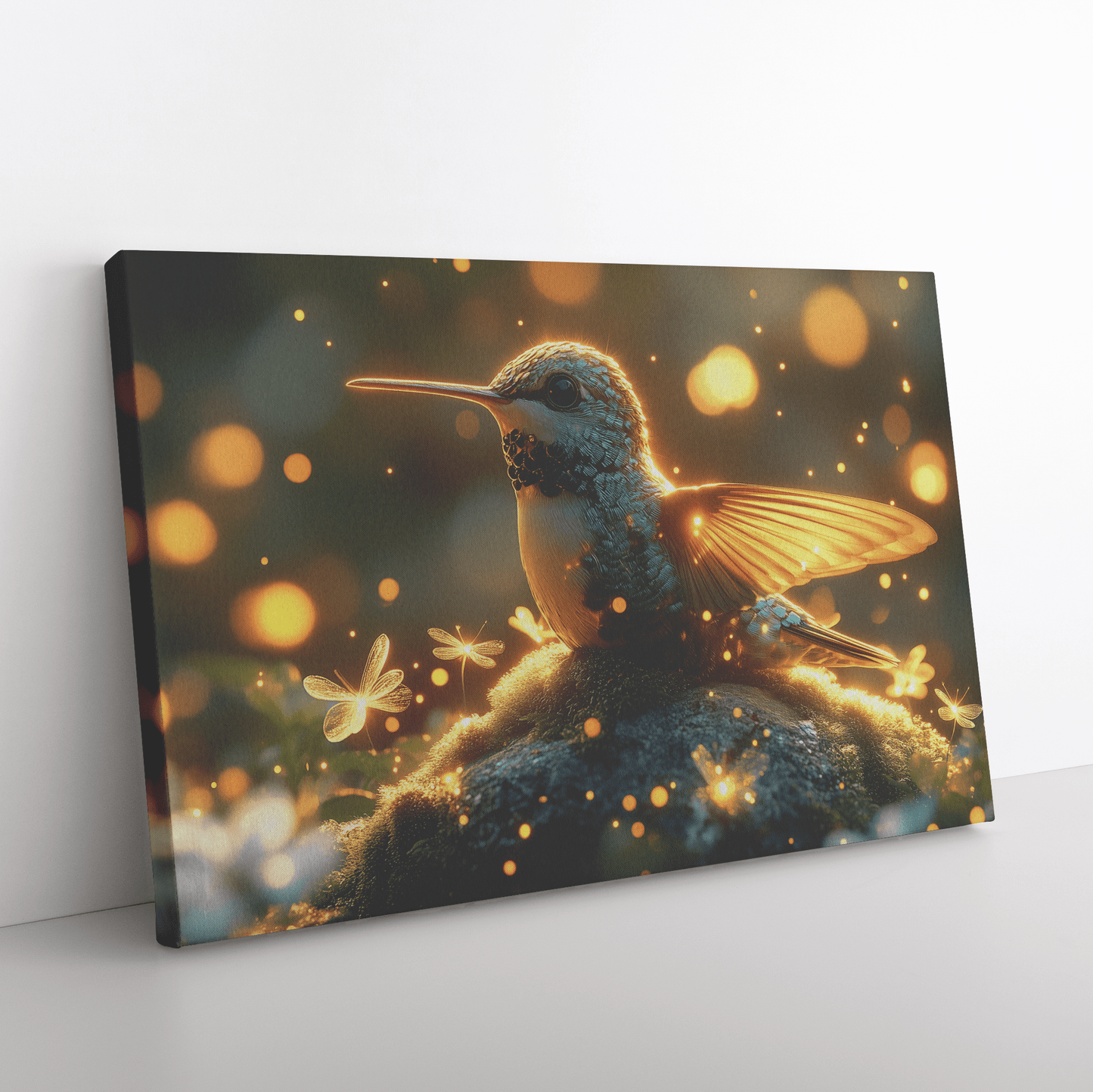 Hummingbird Resting On Mossy Glowing Rock Surrounded By Fireflies And Soft Mist In Glowing Meadow Canvas Wall Art Decor - Awakening Righteousness