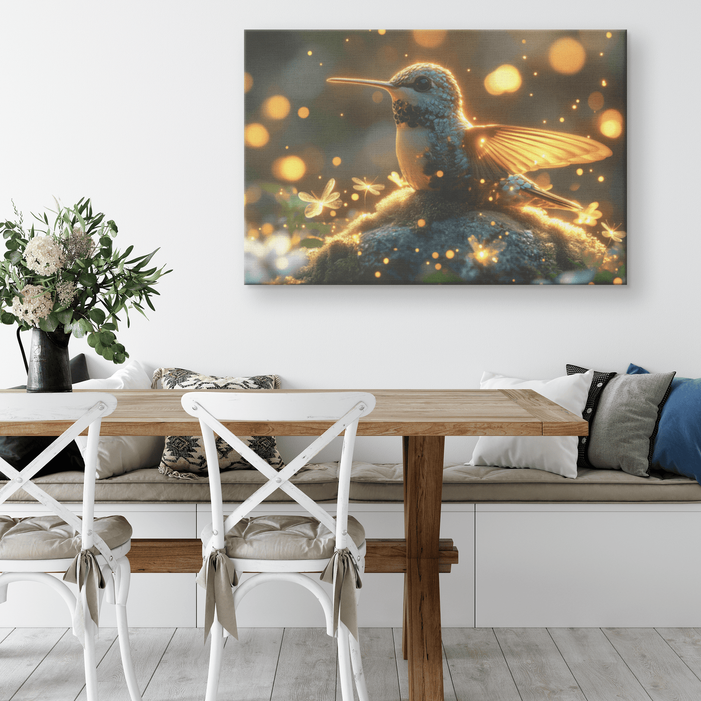 Hummingbird Resting On Mossy Glowing Rock Surrounded By Fireflies And Soft Mist In Glowing Meadow Canvas Wall Art Decor - Awakening Righteousness