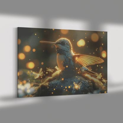 Hummingbird Resting On Mossy Glowing Rock Surrounded By Fireflies And Soft Mist In Glowing Meadow Canvas Wall Art Decor - Awakening Righteousness