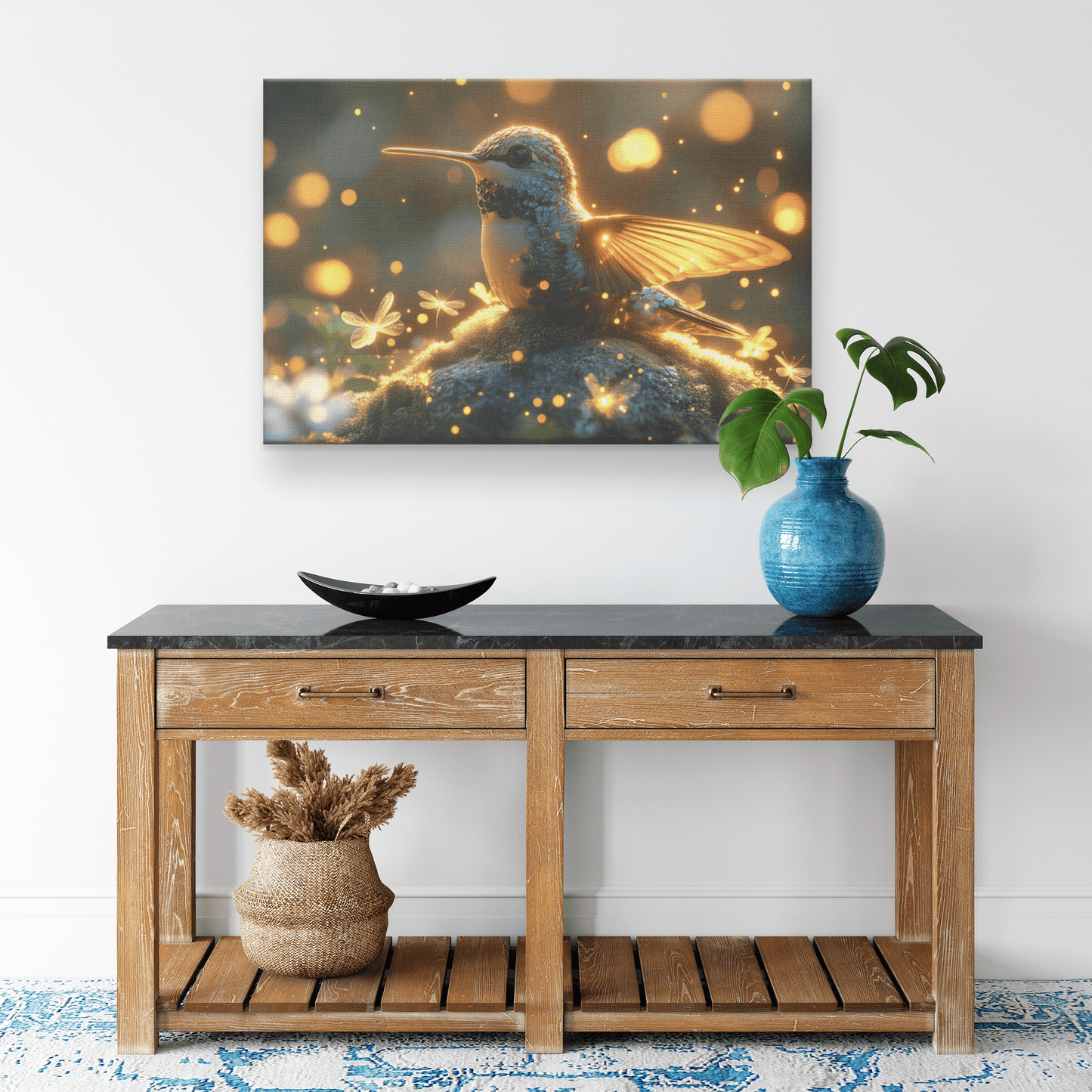 Hummingbird Resting On Mossy Glowing Rock Surrounded By Fireflies And Soft Mist In Glowing Meadow Canvas Wall Art Decor - Awakening Righteousness