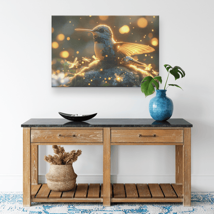 Hummingbird Resting On Mossy Glowing Rock Surrounded By Fireflies And Soft Mist In Glowing Meadow Canvas Wall Art Decor - Awakening Righteousness